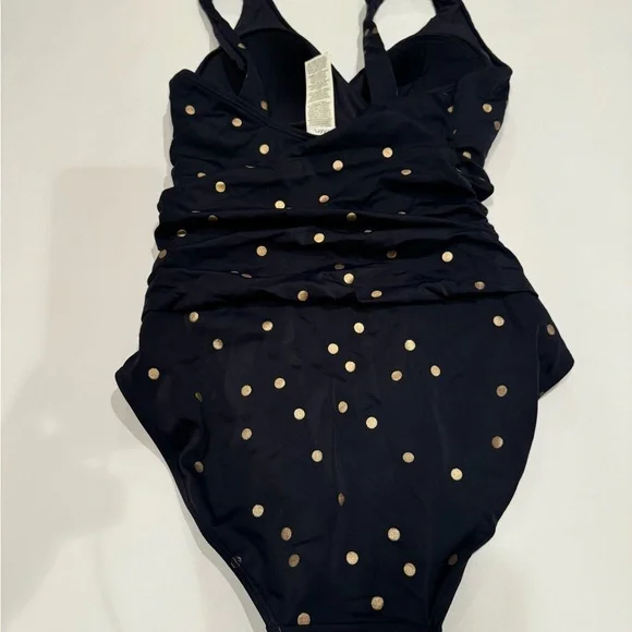 Boden Amalfi Navy Blue Gold Polka Dots One Piece Bandeau Swimsuit Mod Sz 4R - Picture 4 of 7